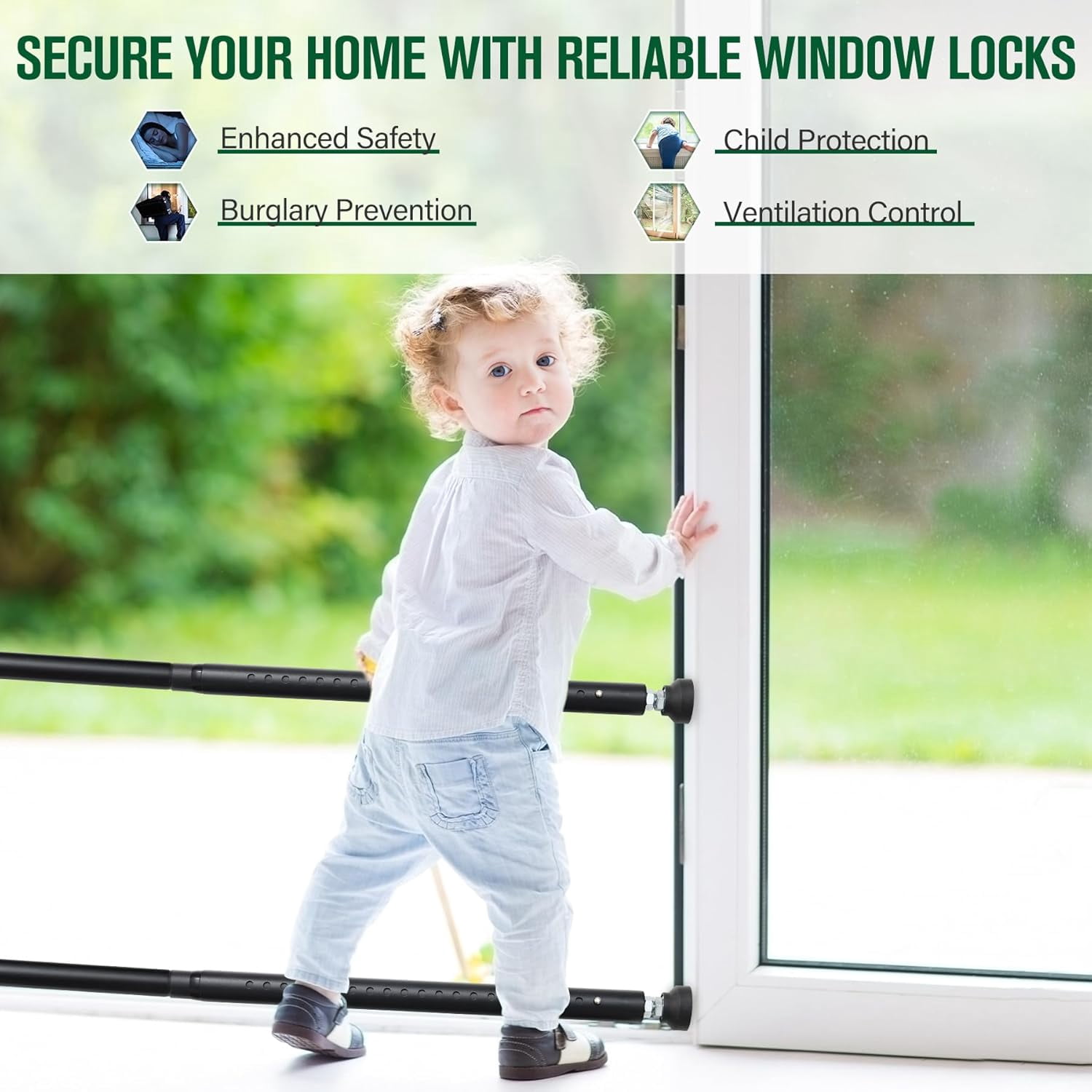 Window Locks & Sliding Door Security Bar, 2 Pack Adjustable Child Safety Lock for Up/Down/Horizontal Windows & Sliding Glass Doors from Inside, for Apartment & Patio (17-50 Inch)