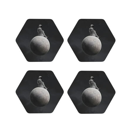 

Junzan Astronaut Sitting On Mercury Planet Print Coasters for Drinks - Leather Coasters Set of 4 for Coffee Table for Housewarming/Kitchen/Bar/Decor-Hexagon