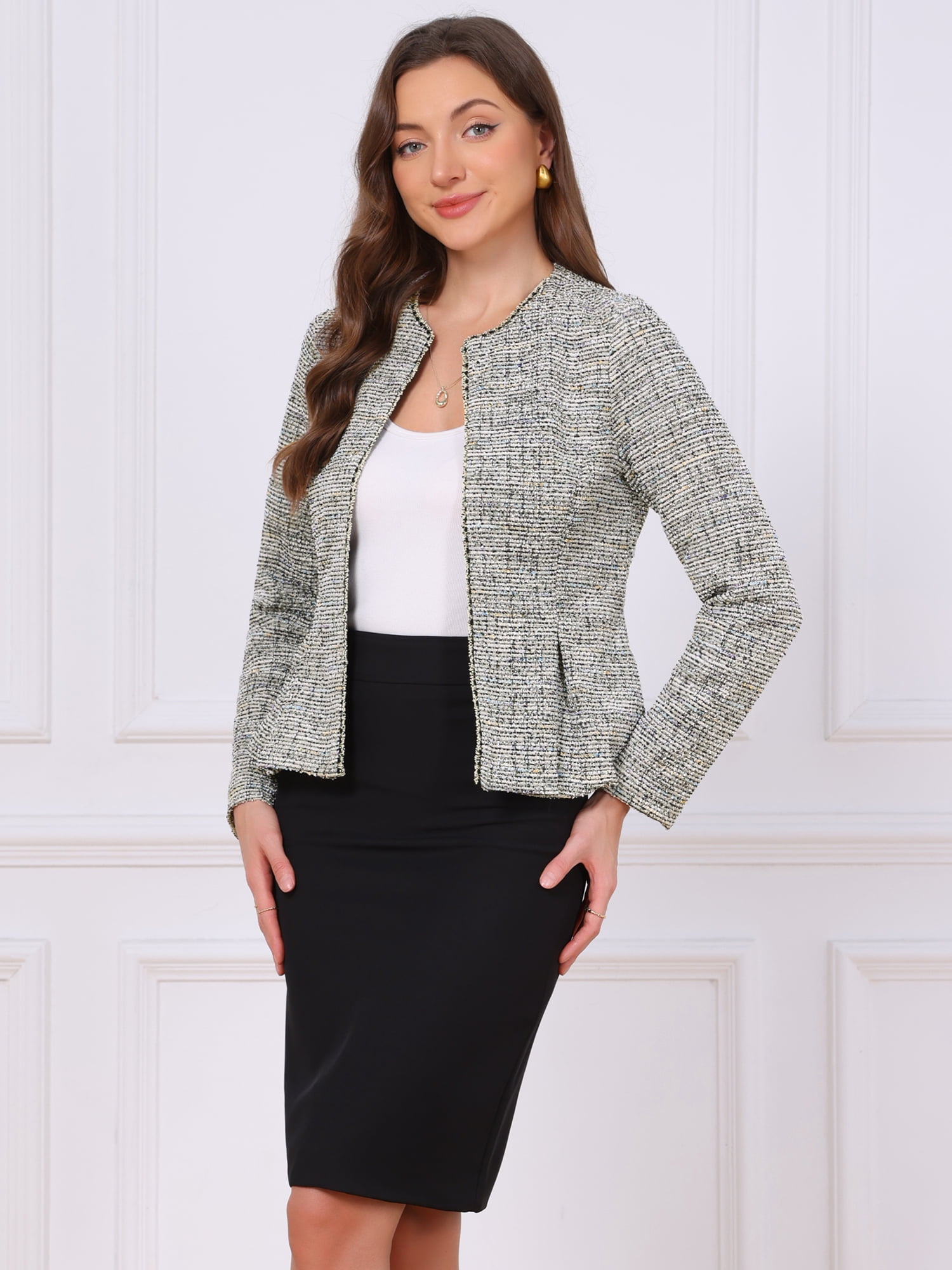 DARING DIVA Women's Tweed Blazers Collarless Long Sleeve Blazer L Apricot
