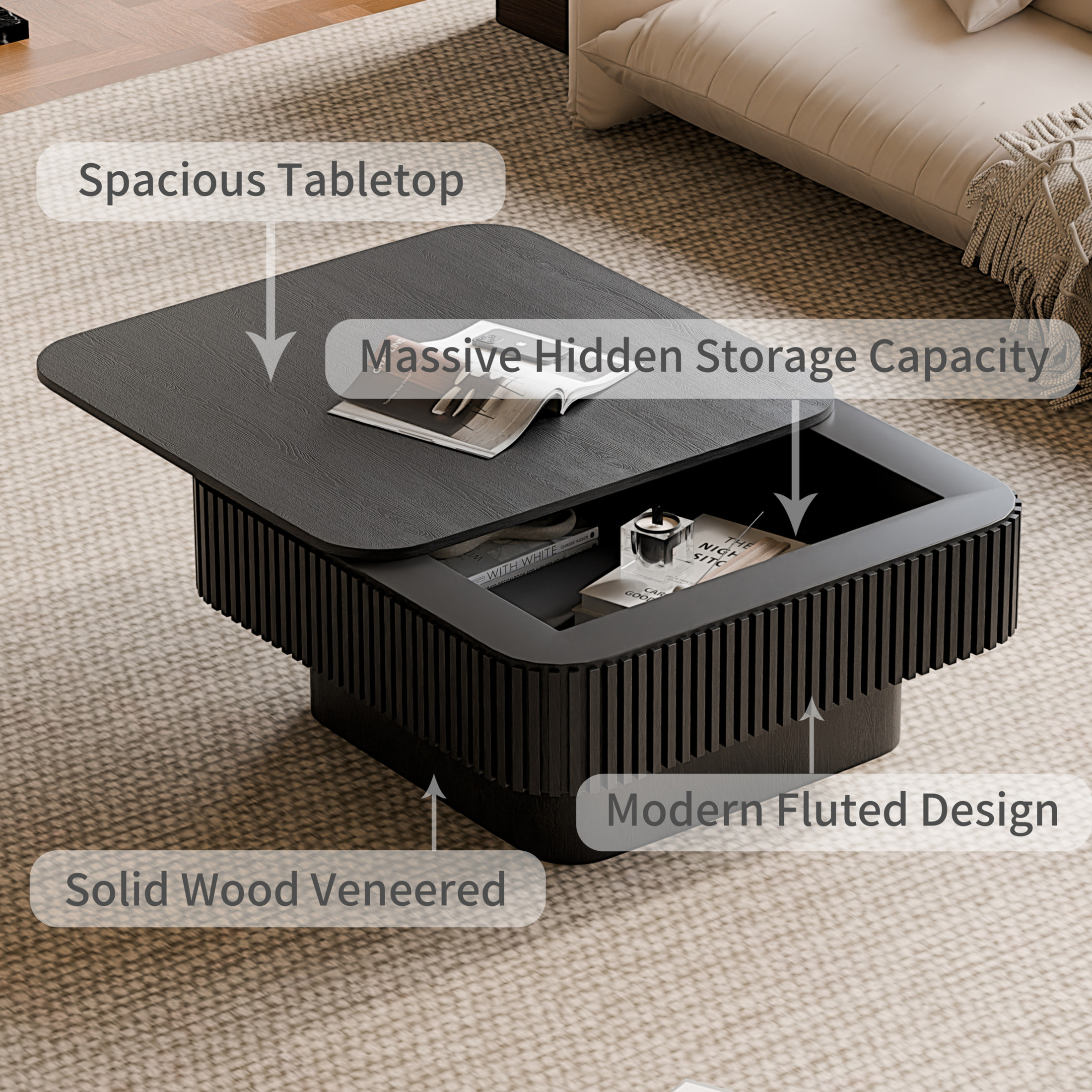 Noble House 31.5" Square Coffee Table, Wood Veneer Flip-Top Storage, Fluted Slat Sides, Living Room, Bedroom, Black