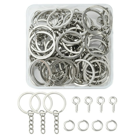 DIY Keychain Making Finding Kit Including Brass Jump Rings Iron Split Key Rings & Screw Eye Pin Peg Bails Platinum 150Pcs/box