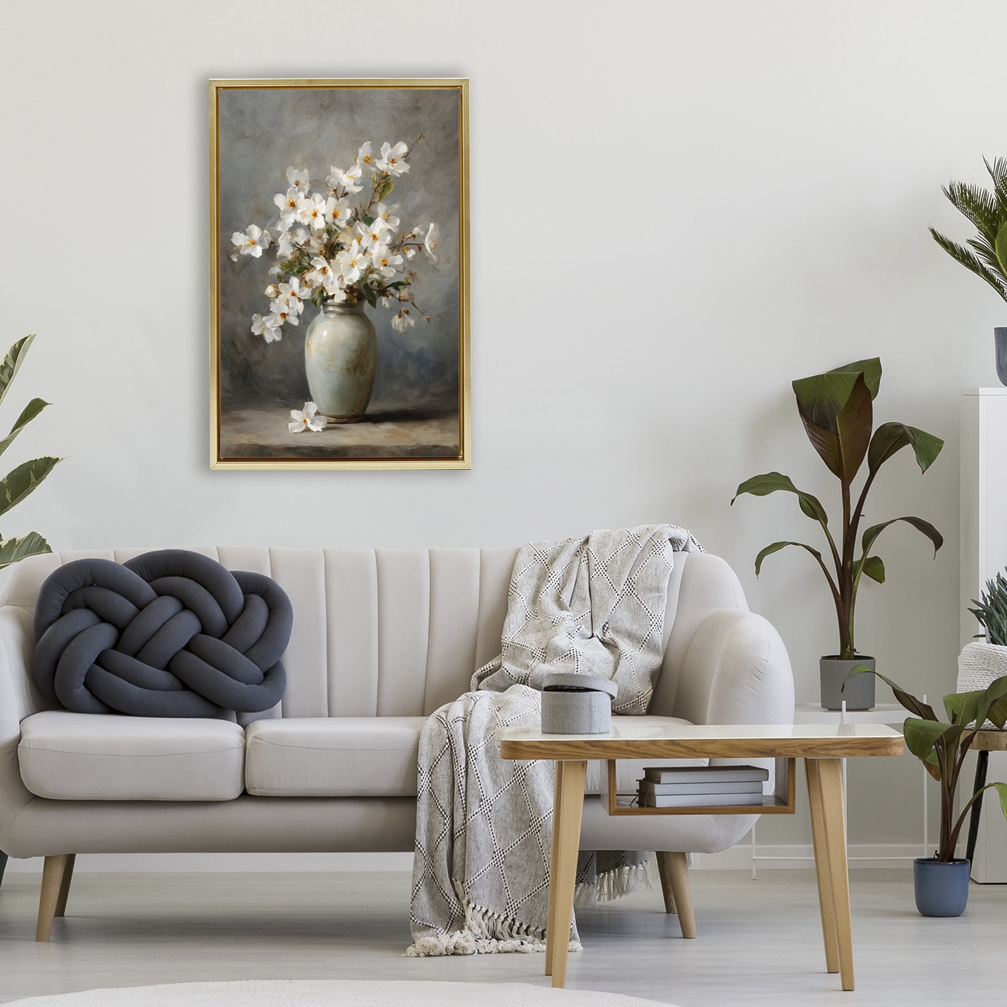 Stupell Industries Full White Flowers in Vase Gold Framed Floater Canvas Wall Art, design by Petal Prints Design
