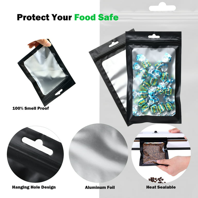 Lacerain Food-Grade Stand Up Packaging Bags,Zipper Lock Resealable Clear  Window Food Storage Bags,Heat Sealed Foil Plastic Smell Proof Bags with  Tear