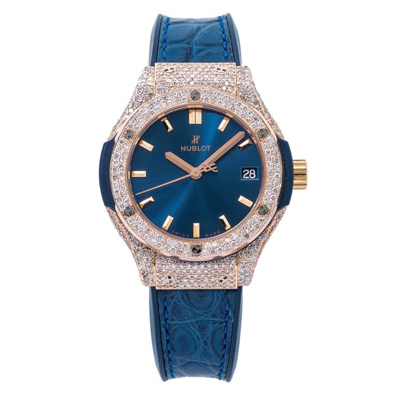 Pre-Owned Hublot Classic Fusion Blue 581OX7180 33MM Blue Dial With Leather Bracelet