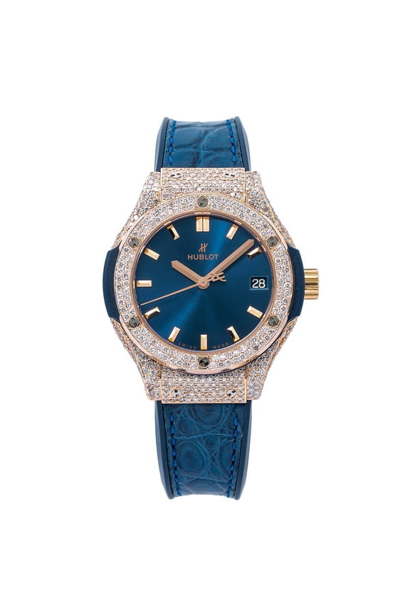 Pre-Owned Hublot Classic Fusion Blue 581OX7180 33MM Blue Dial With Leather Bracelet