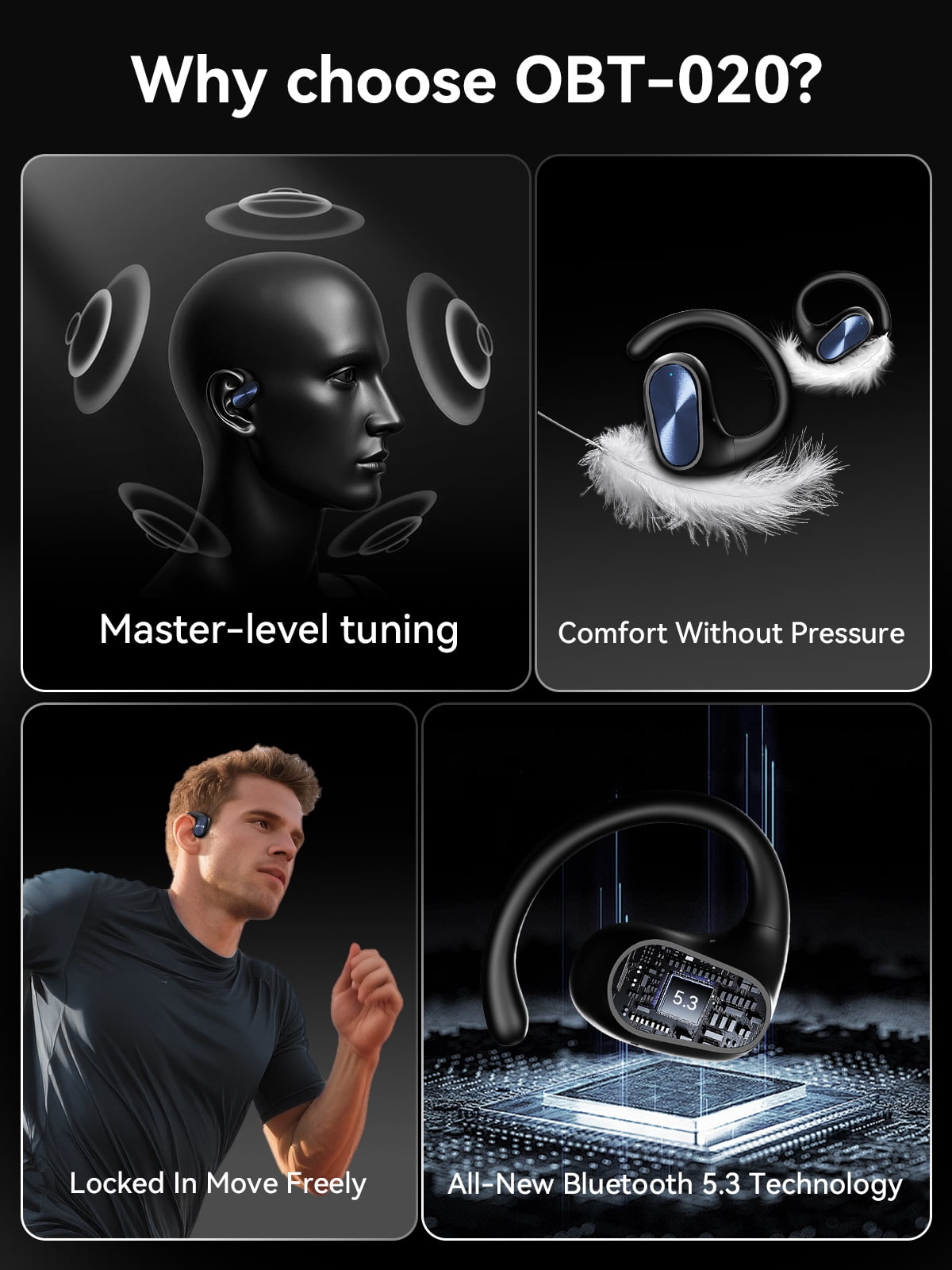 Voistek OBT-020 Wireless Open-Ear Earbuds for Running, Gym, Hiking, Commute | 8H Playtime, Auto Pairing, Bluetooth 5.3, IP57 Sweatproof, Secure Ear Hook - Black
