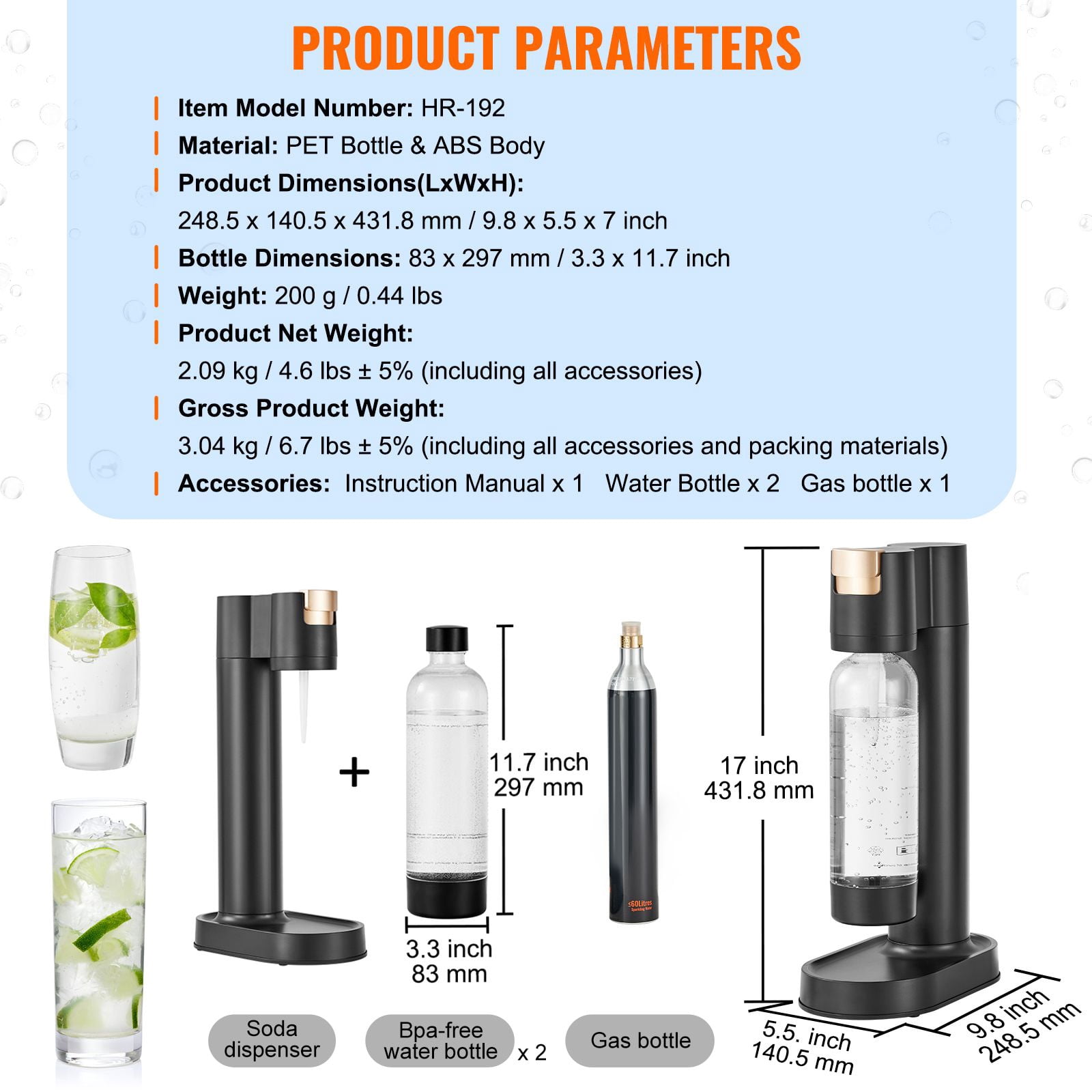 Sparkling Water Maker with 60L CO2 Cylinder, 2 x 1L PET Bottles, 3-Second Carbonation, Automatic Pressure Release for Home Soda Drinks