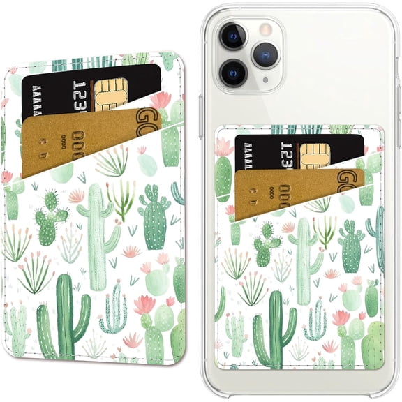 Cactus Phone Card Holder Leather Cell Phone Wallet Stick on Adhesive Credit Card Holder Slim Double Pocket Sticker DIY