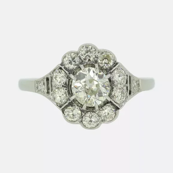 Vintage Round Cut Diamond Wedding Ring, Art Deco Floral Halo Women's Ring, 2.2 Ct Simulated Diamond Ring, 14k White Gold Plated, Promise Proposal Anniversary Ring For Her Special Occasion