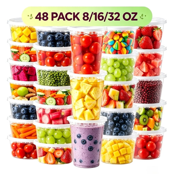 BYSNOW Deli Containers with Lids 48 Sets, Deli Cups with Lids 8oz 16oz 32oz, Deli Food Storage Containers, Plastic Soup Containers Reusable, BPA Free, Leakproof, Microwave, Freezer & Dishwasher Safe