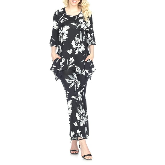 White Mark Women's Floral Bell Sleeve Tunic and Palazzo Pant Set