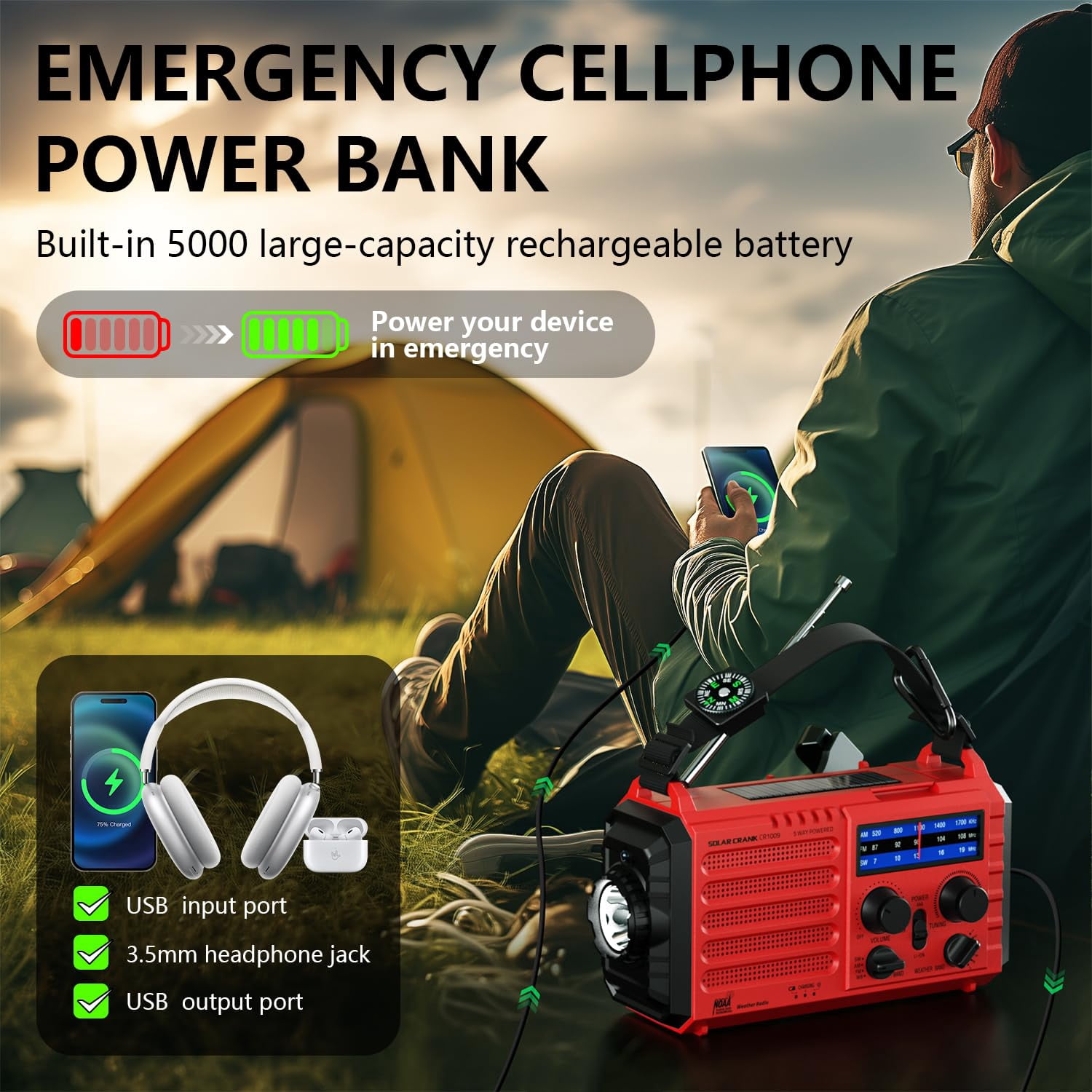 Emergency Solar Hand Crank Radio  Am/fm/sw Noaa Weather Alert Flashlight Reading Lamp Sos Alarm For Home Outdoor Hurricane