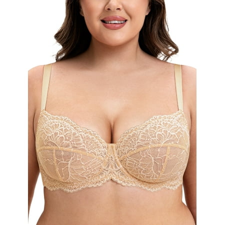 Wingslove Women s Plus Size Lace Bras Underwire Push Up Non-padded Sheer Mesh Bra Minimizer Support Bralette for Heavy Breasts Deep Nude 40DD