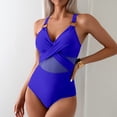 thumbnail image 5 of Women's Mesh One Piece Swimsuits Sexy V Neck Front Cross Push Up Bathing Suits Full Coverage Swimwear Royal Blue XL, 5 of 5