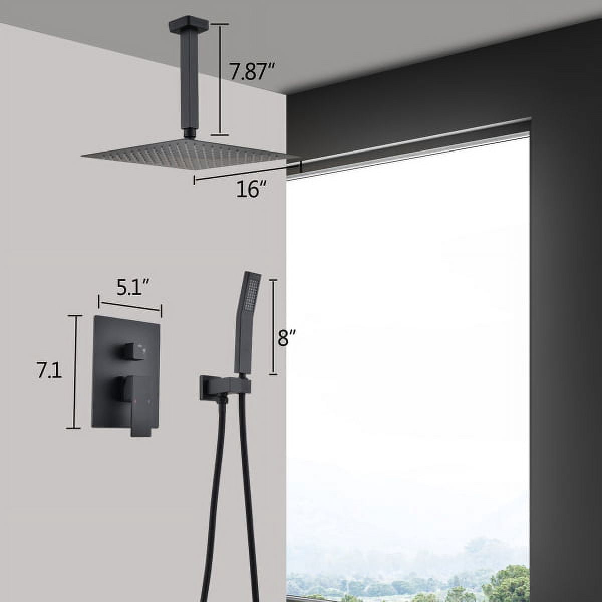 Matte Black Ceiling-Mounted Shower System – 16" Rainfall Head & Handheld Sprayer, Brass/Stainless Steel Combo with Air-In Tech for Low Pressure