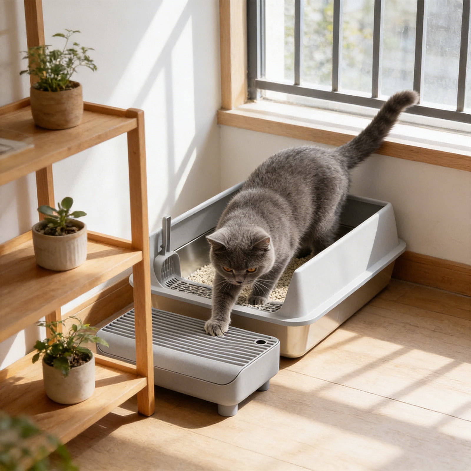 Stainless Steel High Sided Cat Litter Box With Step Platform And Scoop, Odor Control Large Capacity Easy Clean Pet Toilet For Small Cats Durable Anti Leak Design