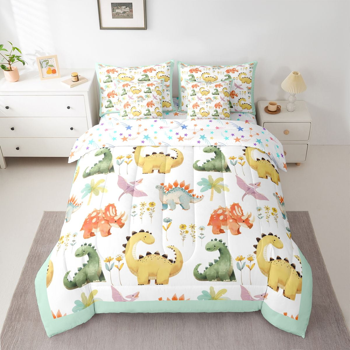 Castle Fairy Boys Girls Kawaii Dinosaurs Bedding Comforter Set 7 Pieces,Colorful Jungle Animal Full Bedding Set Lightweight,Cartoon Flowers Wildlife Fitted Sheet Flat Sheet,Super Cozy Room Decor