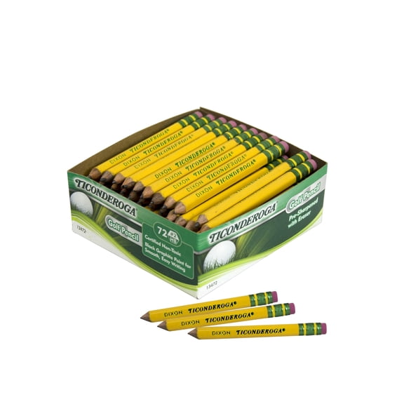 Ticonderoga Short, Golf Wood Pencils, Sharpened, Yellow,#2 HB, With Erasers, Yellow, 72 Count