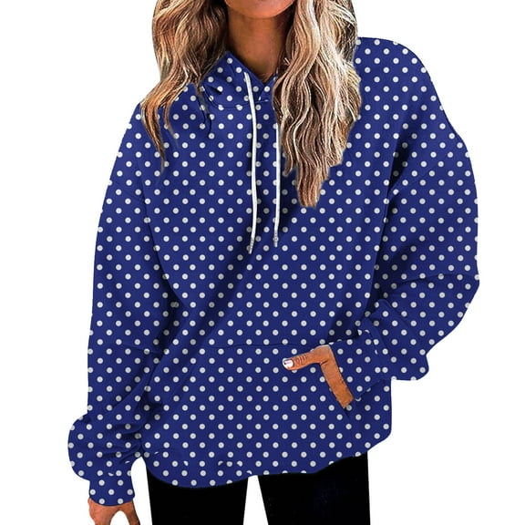 Women's Polka Dot Print Drawstring Hooded Sweatshirt with Pocket, Soft Breathable Long Sleeve Casual Pullover for Spring Autumn Streetwear, Beach Vacations and Daily Fashion Blue L