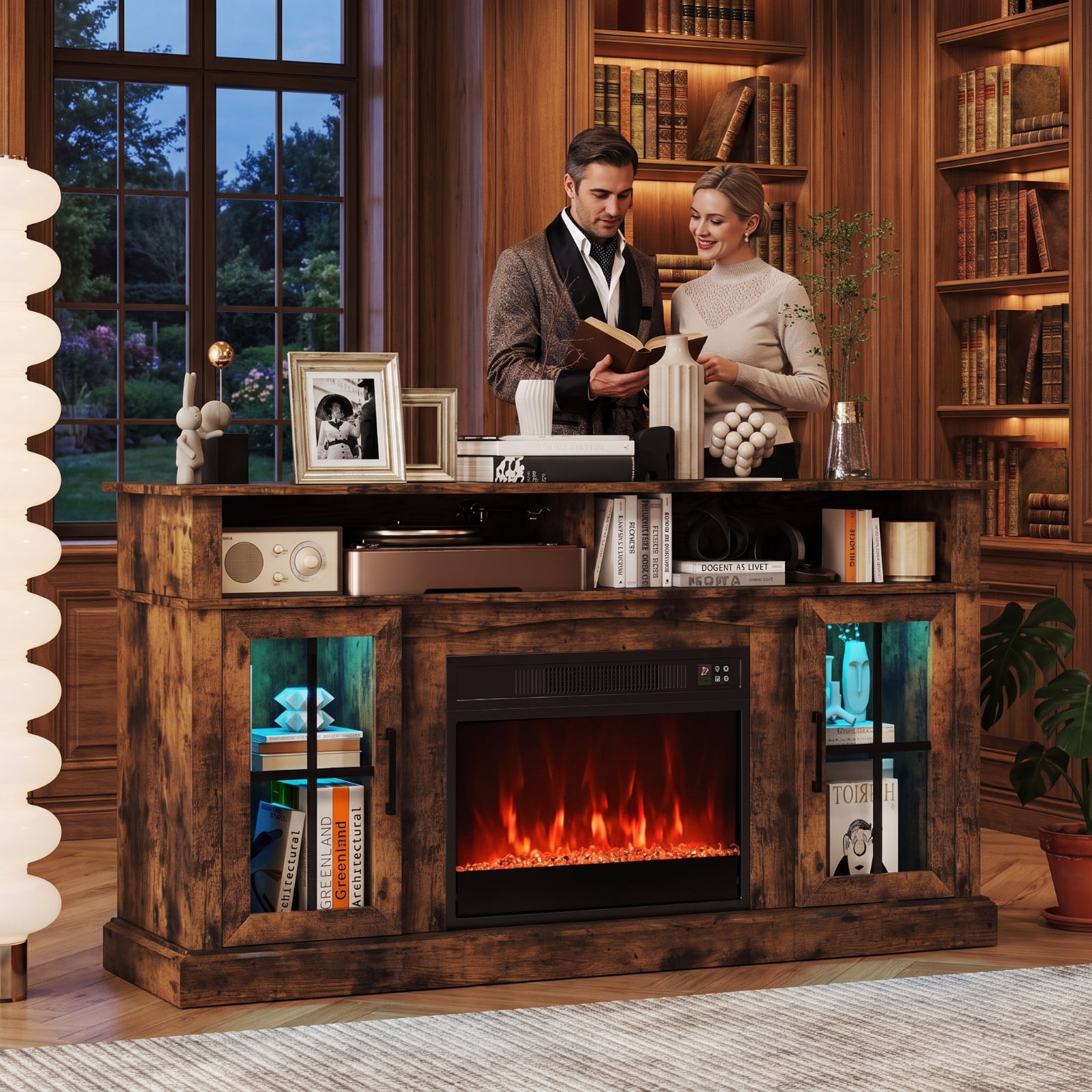 Furnibear 58 Inch Fireplace TV Stand Entertainment Center with LED Lights Storage Cabinets and Tempered Glass Doors for Living Room, Rustic Brown
