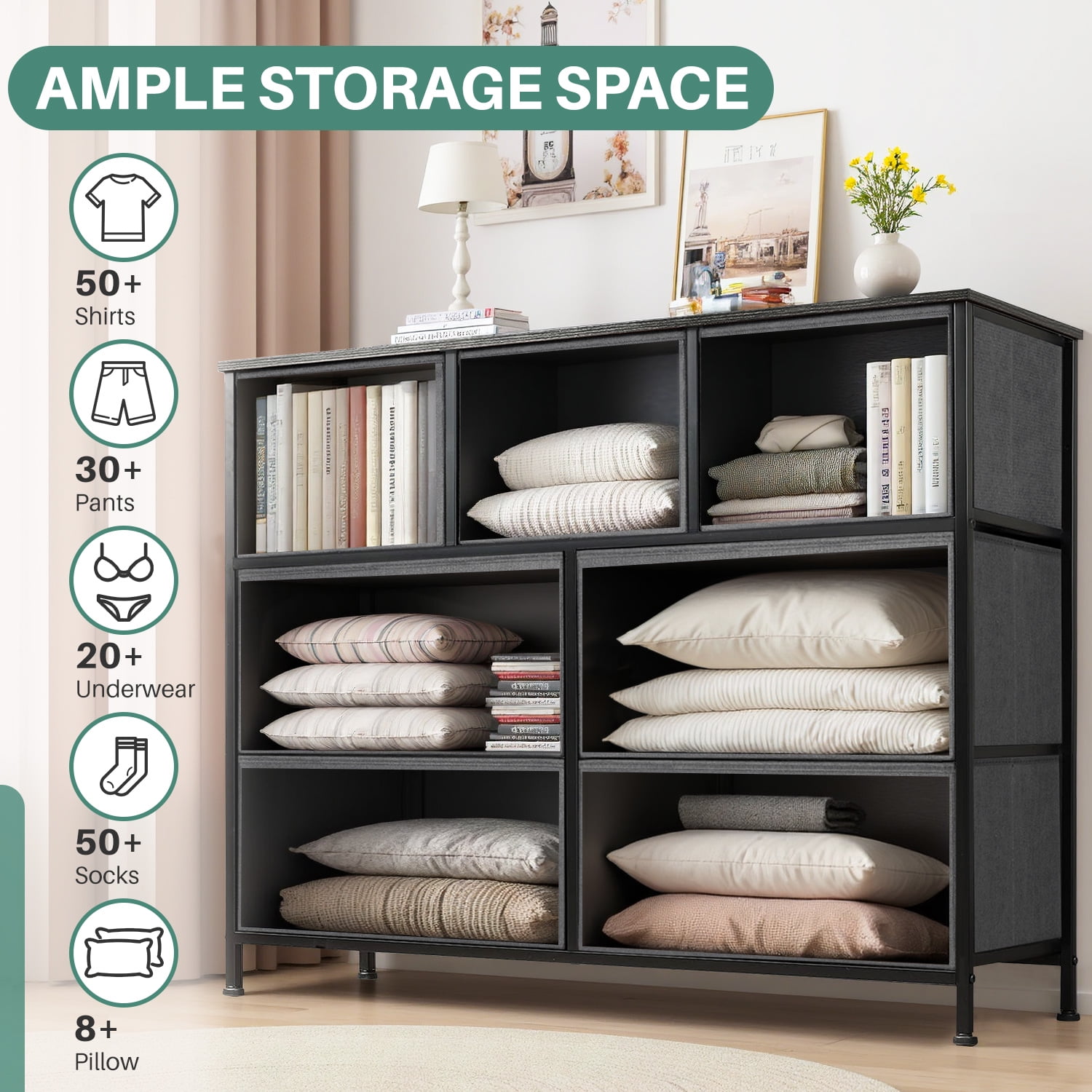 TINKLE WELL Wide 7 Drawer Fabric Dresser, Soft Storage Unit with Bins for Clothes, Toys, Linens, Fits Bedroom, Living Room, Hallway, Grey