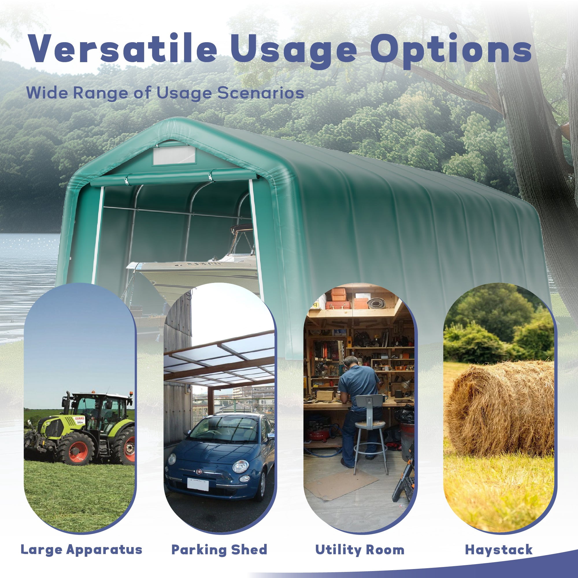 11 x 28 x 8.4 FT Green Outdoor Portable Storage Shed, Steel Peak Style Canopy Carport, All-Weather Agricultural Outdoor Storage Shelter Tent