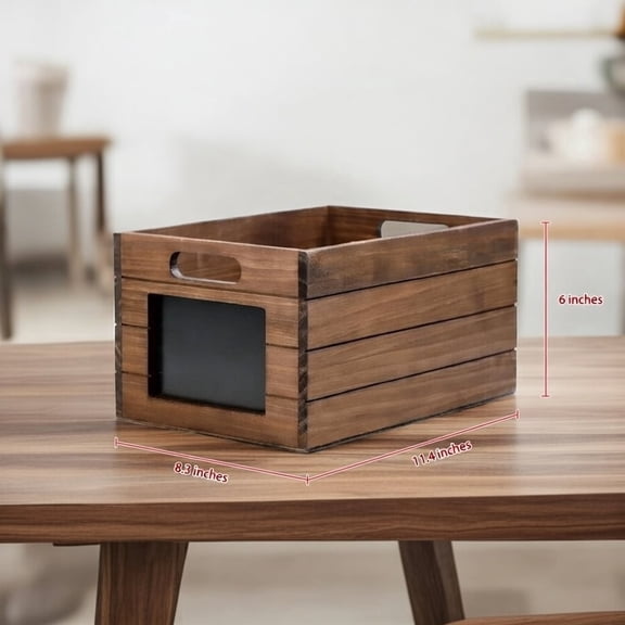 Chalkboard Label Decorative Multi-functional Cut-out Handles Wood Home Organization Storage Crate, Brown, 1 Count, 1 Pack