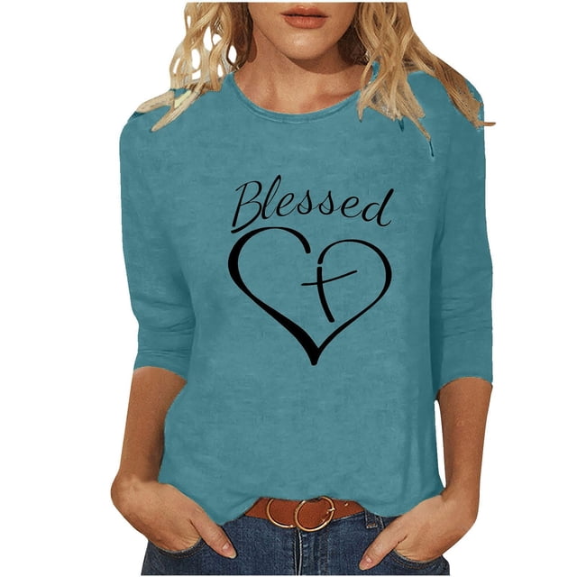 Penkiiy T-Shirts à Manches 3/4 Imprimés Cœur Col Rond Tunique de la Saint-Valentin Blouse L Bleu