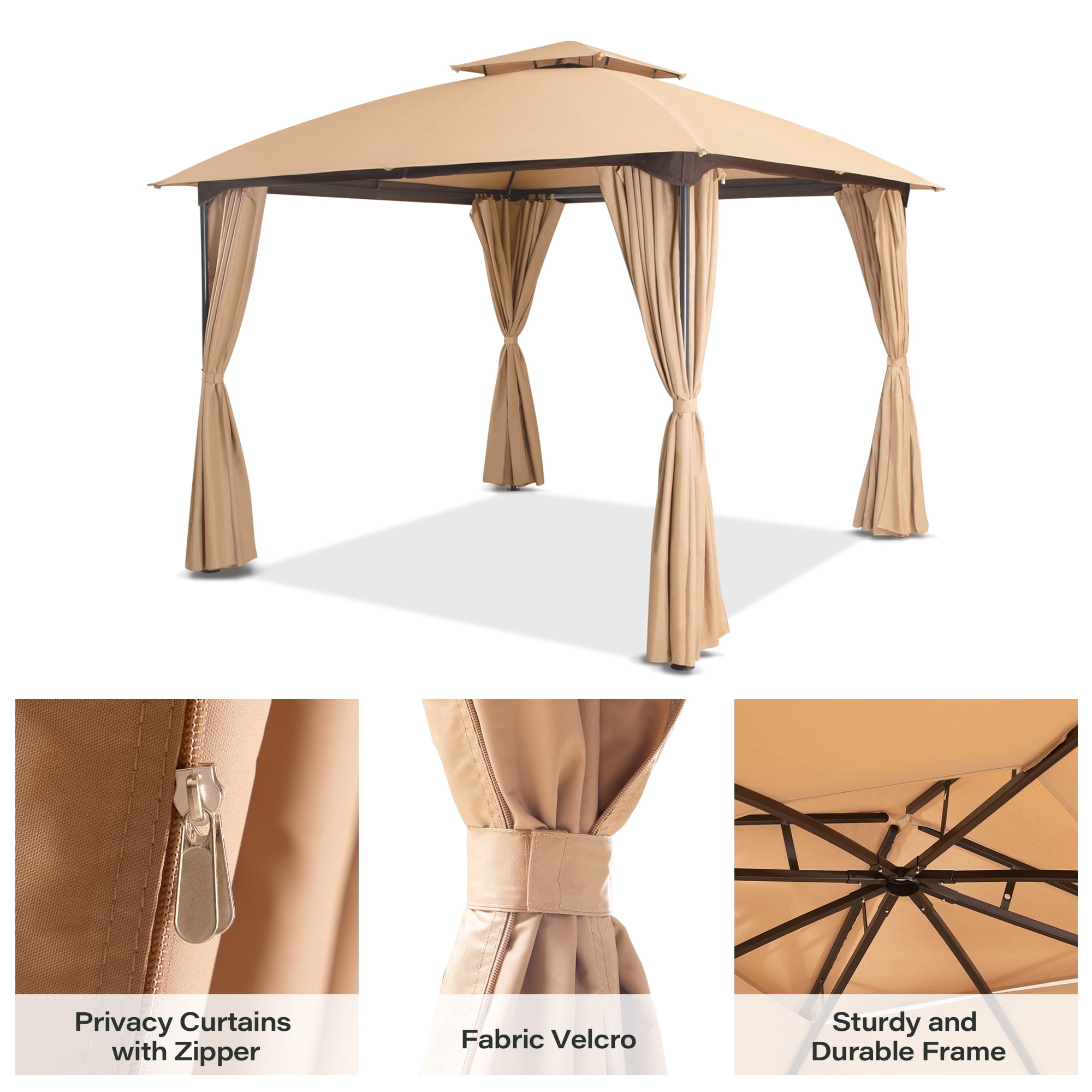 LAUSAINT HOME 10'x10' Patio Gazebo with Privacy Screens & Anchoring Kit, Outdoor Double Roof Metal Frame Gazebo in Khaki