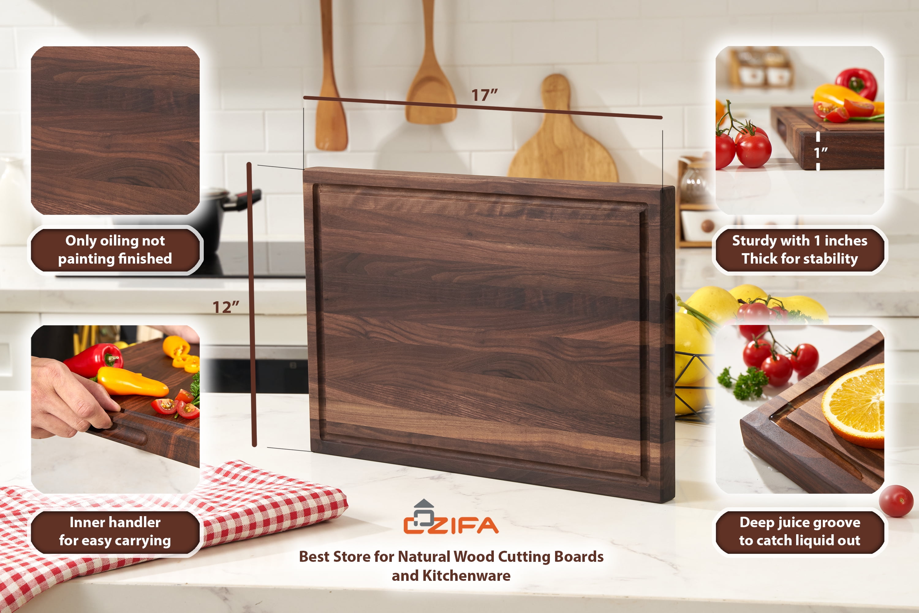 Cozifa Walnut Wood Cutting Board, Oil Wax Finished, Gift Box, 17x12x1-in