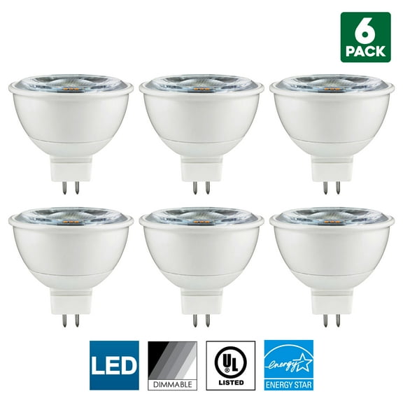 6 Pack Sunlite MR16 LED Bulb, 12 Volt, Mini Quartz Reflector, 7 Watt, 3000K Warm White, 600 Lumens, 80 CRI, GU5.3 Base, 25,000 Hour Long Life, Dimmable, UL Listed, Energy Star , 50W Equal, Cool Touch