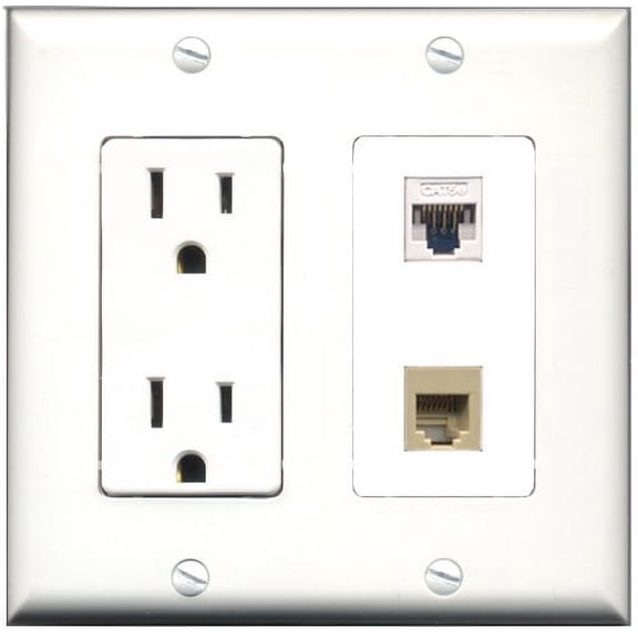 RiteAV - 15 Amp Power Outlet and 1 Port Phone RJ11 RJ12 Beige and 1 Port Cat5e Ethernet White Decorative Type Wall Plate White