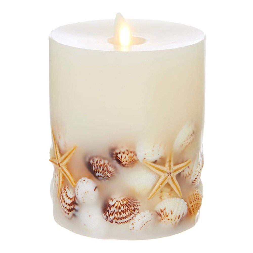 Liown 39104 4" x 5" Ivory Embedded Seashell Wax Unscented Moving Flame LED Pillar Candle