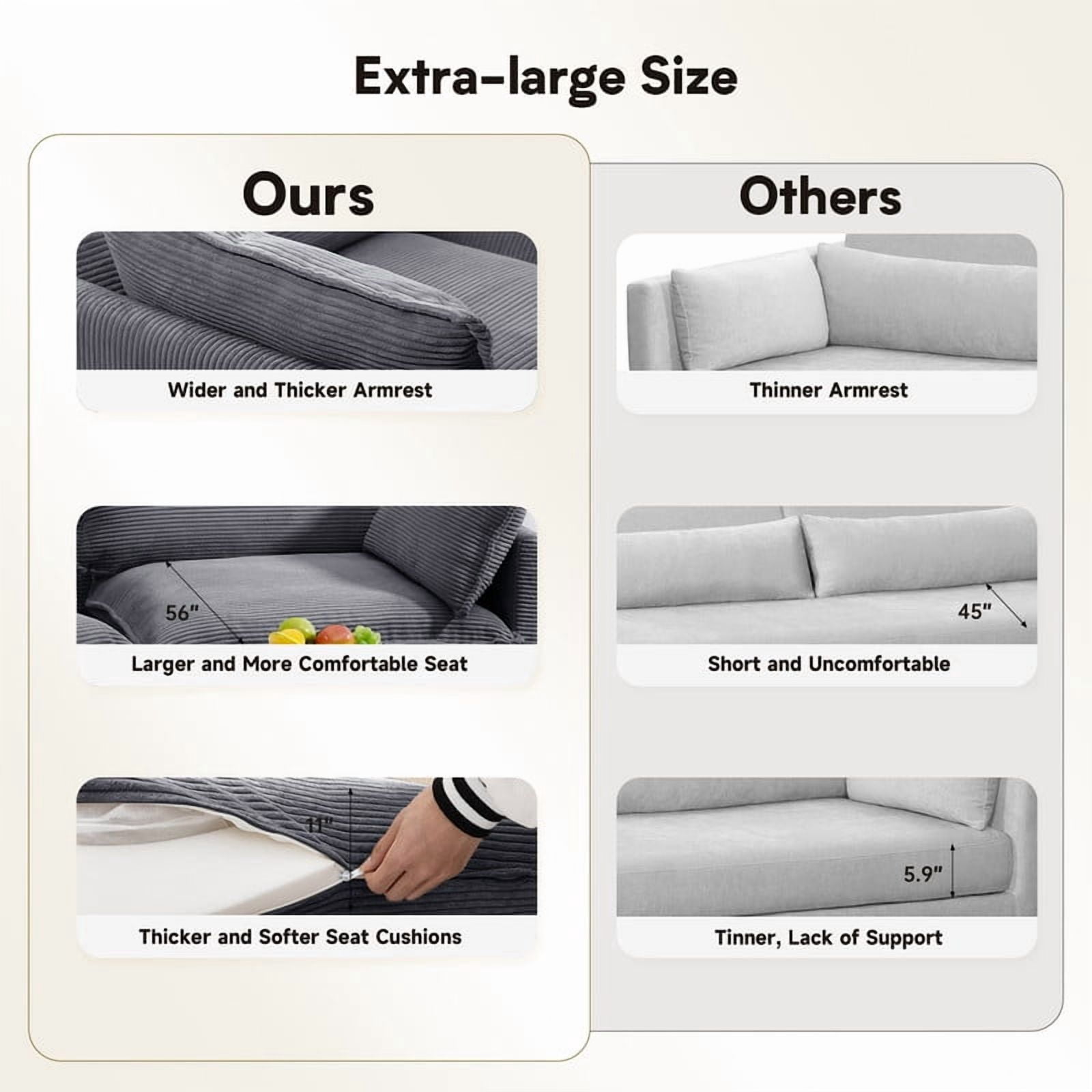 RIAFUN Oversized 4-Seat Modular Corduroy Sectional Cloud Couch, Deep Seat Upholstered Sofa with 2 Throw Pillows, Cozy Living Room Furniture, Dark Gray