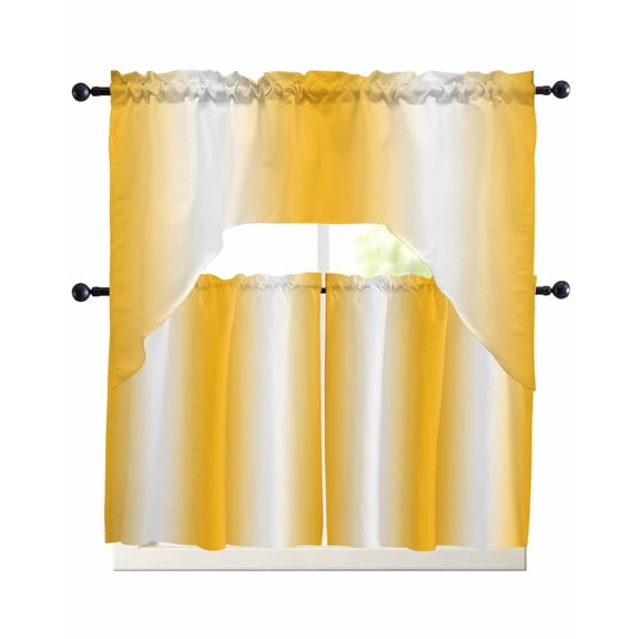 Yellow White Ombre Swag Kitchen Curtains Sets for Windows 24 Inch Length, Modern Gradient Minimalist Aesthetic Short Window Curtain Panels Swags Valances and Tiers 3 Piece Set for Cafe/Dining Room
