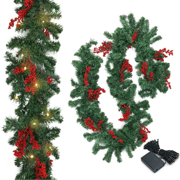 Gustave 9ft Pre-Lit Christmas Garland Artificial Spruce Garland with 50 LED String Lights and Glitter Red Berries for Xmas Holiday Fireplace Decoration