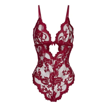 

Gubotare Lingerie For Women Kinky Lingerie for Women Lace Teddy Lingerie Snap Crotch Bodysuit Red L