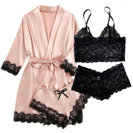 Satin Pajamas for Women  PUTUO Womens Lingerie Floral Lace Trim Cami with Robe  Pajama Sets for Women 4pcs Sleepwear