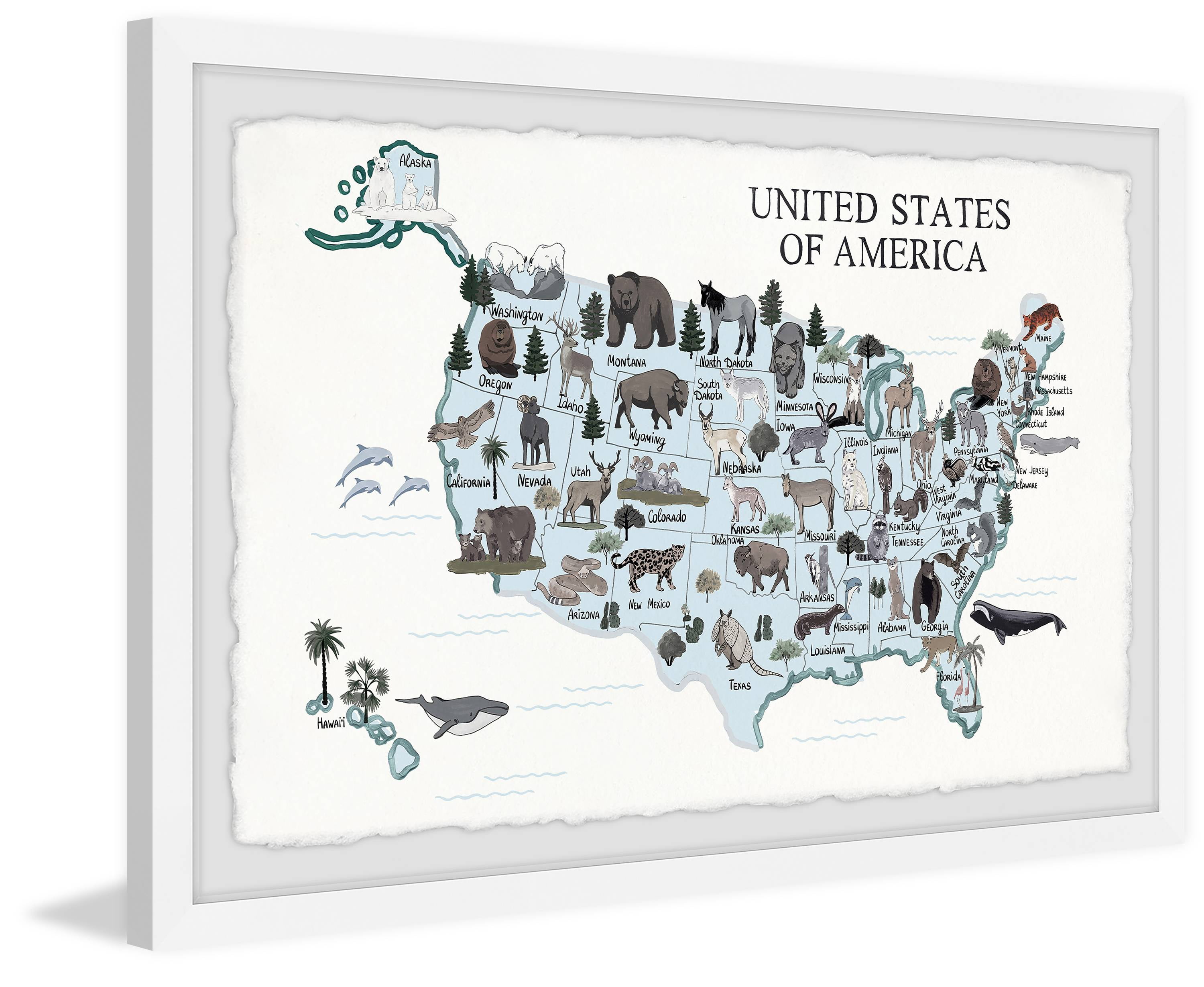 Marmont Hill Blue Animals Map Framed Wall Art