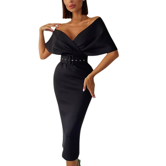 Aayomet Plus Size Dress for Women Women Elegant Dress Solid Color Dress Off Shoulder Dresses Party Club Evening V Neck,Black M