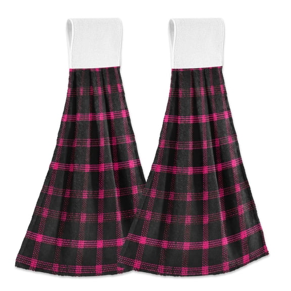 Dailycode Kitchen Wash Cloths with Hanging Loops Absorbent Absorbent Quick Drying Hand Towels, 2 Pack, Black Pink Plaid