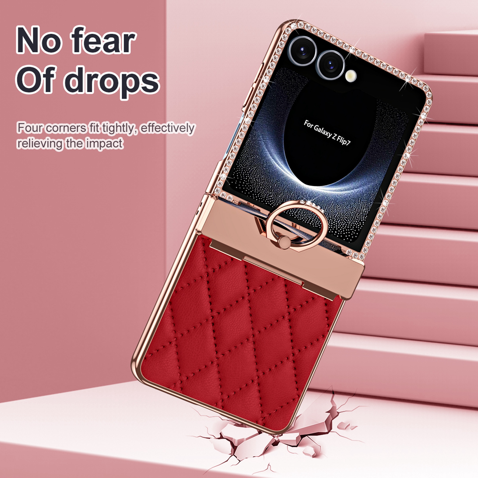 Dteck Diamond Case for Samsung Galaxy Z Flip 7 with Hinge Protection and Ring Holder, Luxury Sparkly Plating Shockproof Phone Cover with Screen Protector for Galaxy Z Flip 7,Red