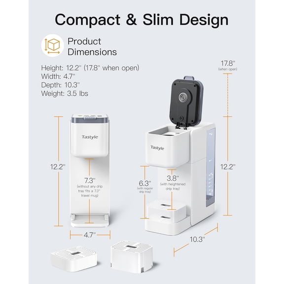 Single Serve Hot & Iced Coffee Maker with Strong Brew, 40oz Removable Reservoir, 6 Brew Sizes, Compatible with K Cup and Grounds, Compact for Home Office RV Dorm White