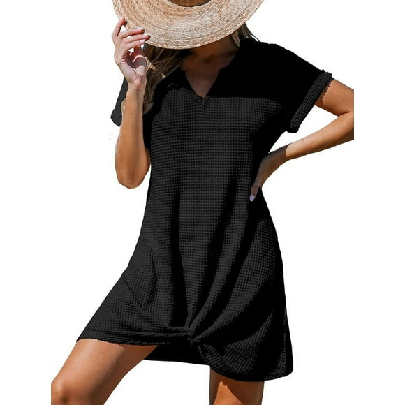 Swimsuit Cover Ups for Women Short Sleeve Bathing Suit Casual Bikini Swimwear Beach Cover Up Dress S-XXL Black M