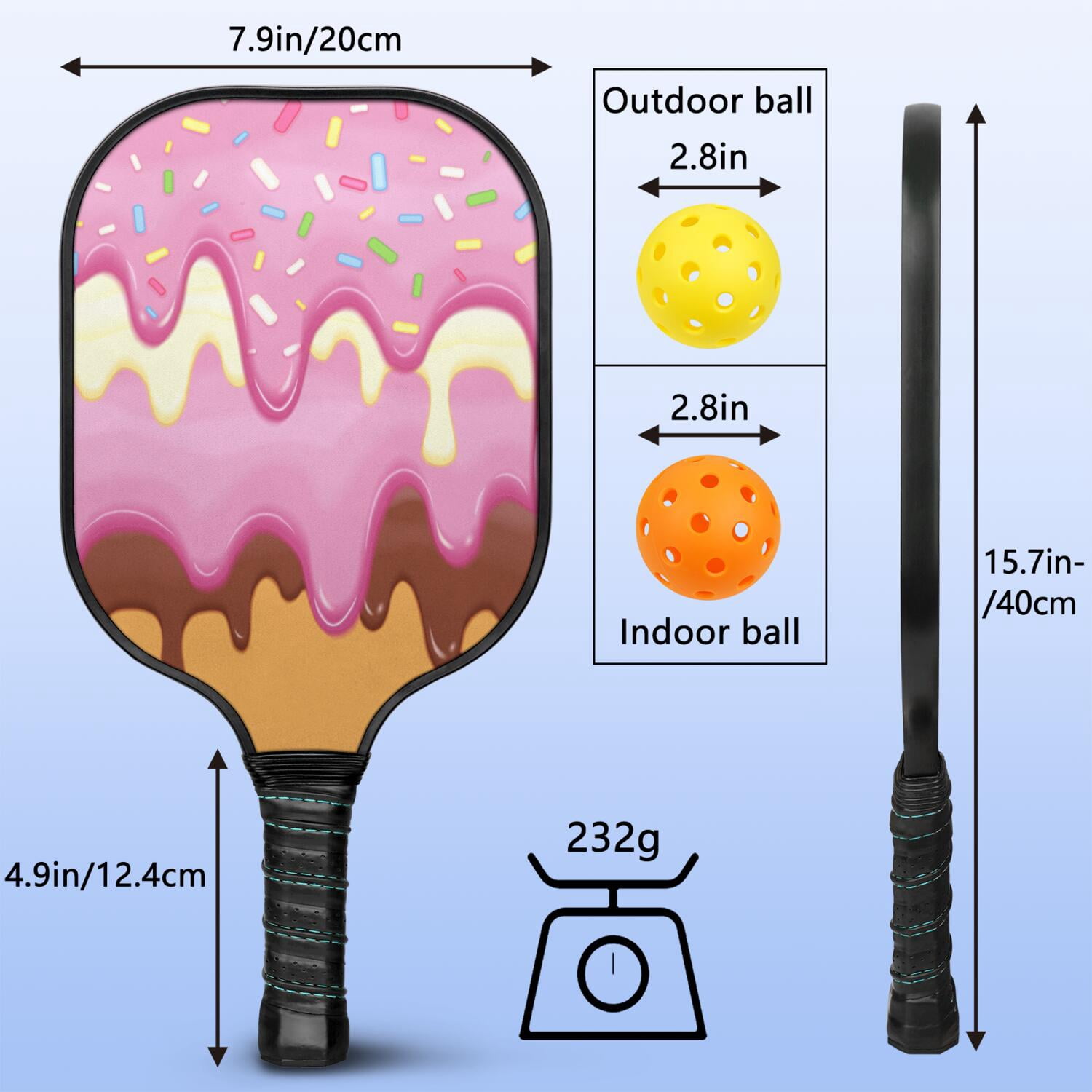 Pickleball Paddles Set Of 1, Fiberglass Surface, Sweet Candy Print, 1 Paddle, 2 Balls & Bag