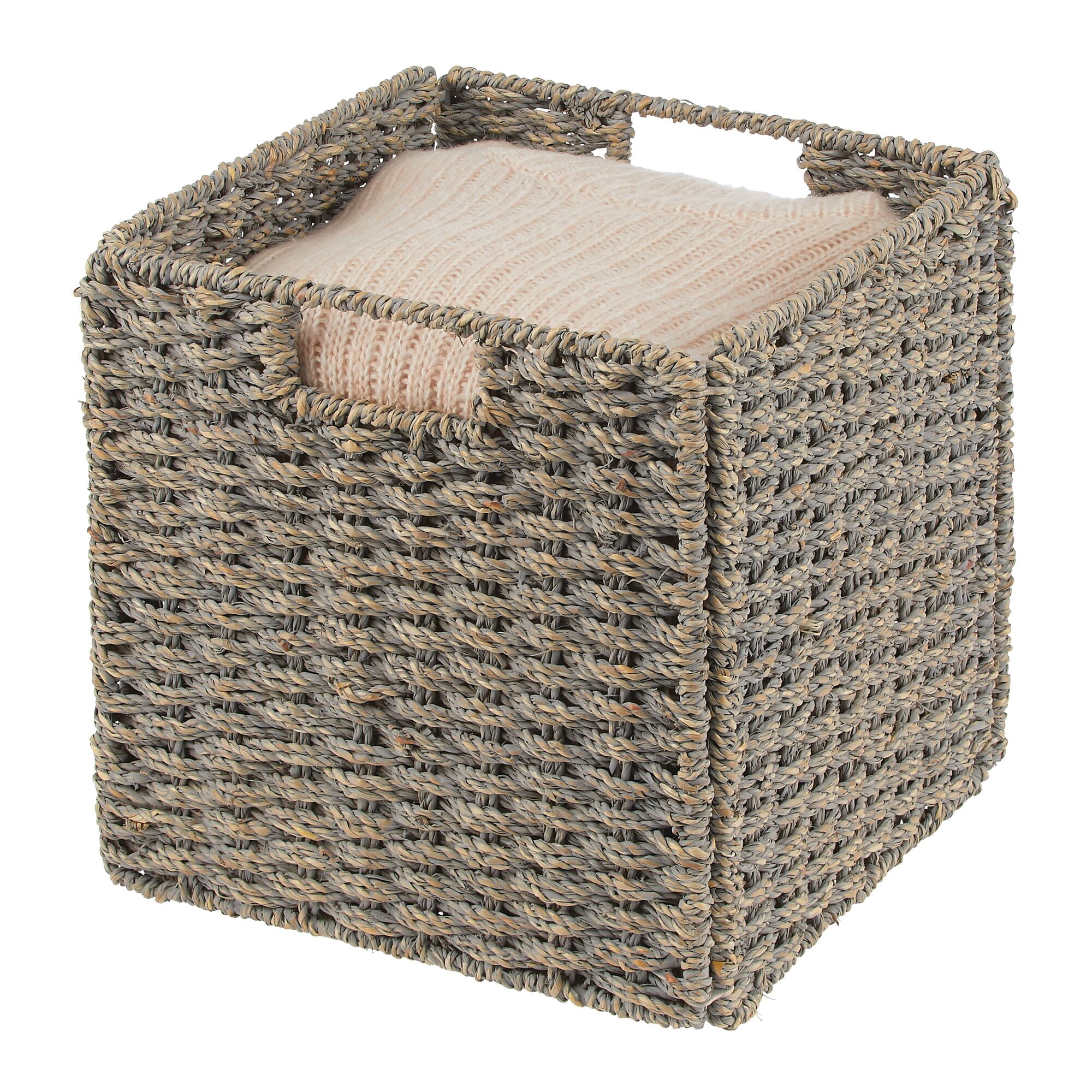 mDesign Seagrass Woven Cube Bin Basket Organizer, Handles, 4 Pack - Gray Wash