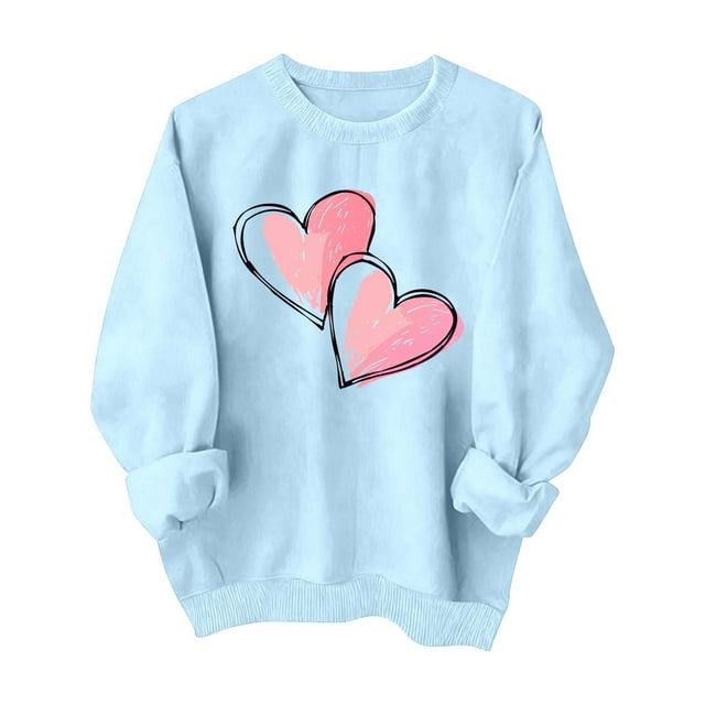 Ltctricy Chandails pour Femmes Col Rond Manches Longues Imprimé Cœur Chandail Chandail Hauts Graphiques de la Saint-Valentin (Bleu Clair, Petit)