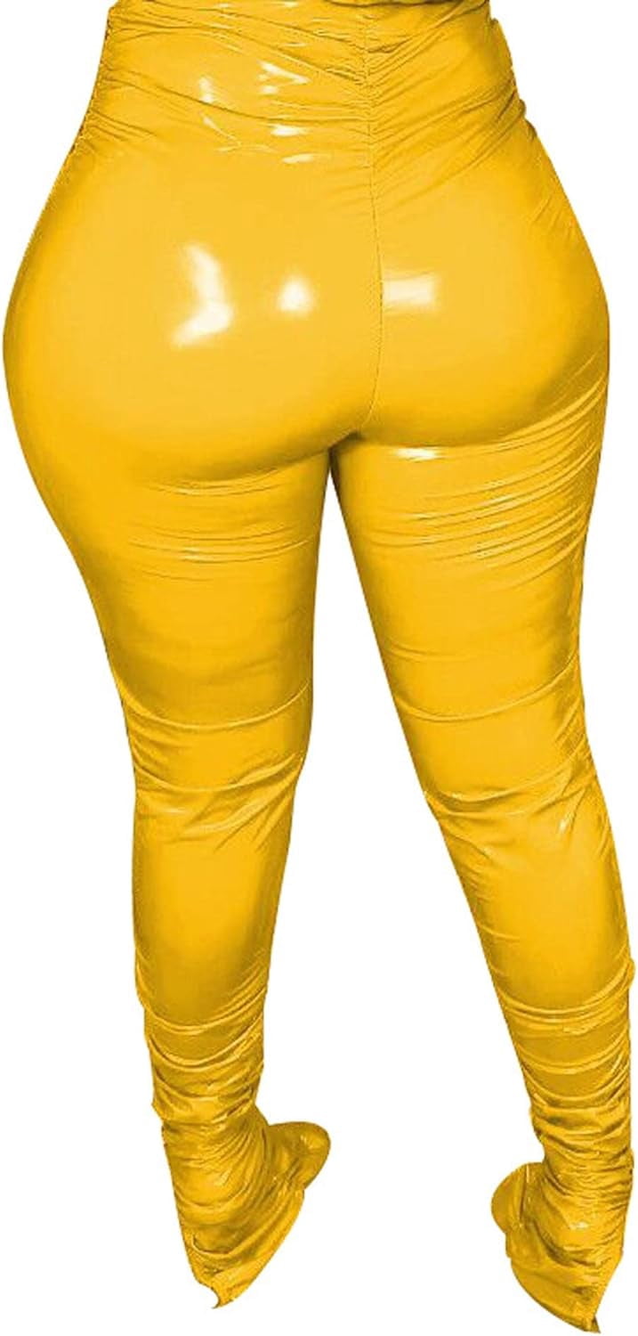 HLSOHJP Women's Pleated PU Leather Pants High Wasit Bodycon Ruched Split Hem Faux Leather Club Legging Trousers