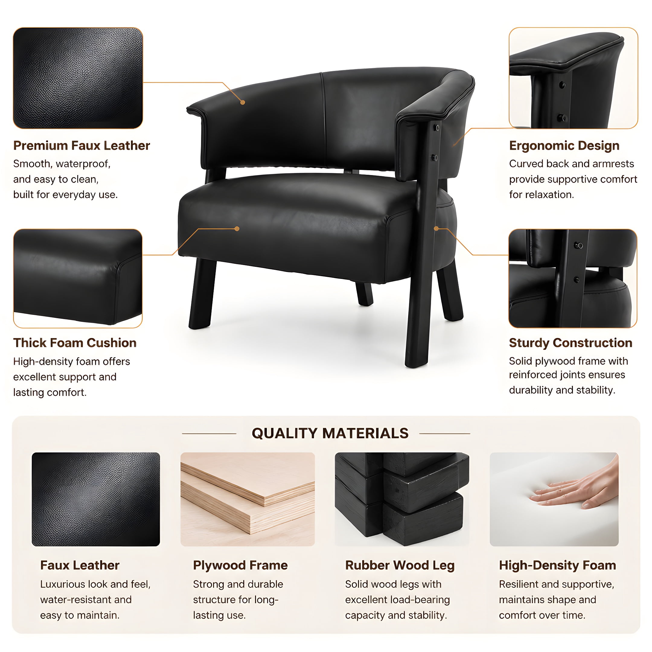 Wingback Accent Chair with Faux Leather and Wrap-Around Back, Upholstered Armchair and Reading Chair with Solid Wood Legs, Black