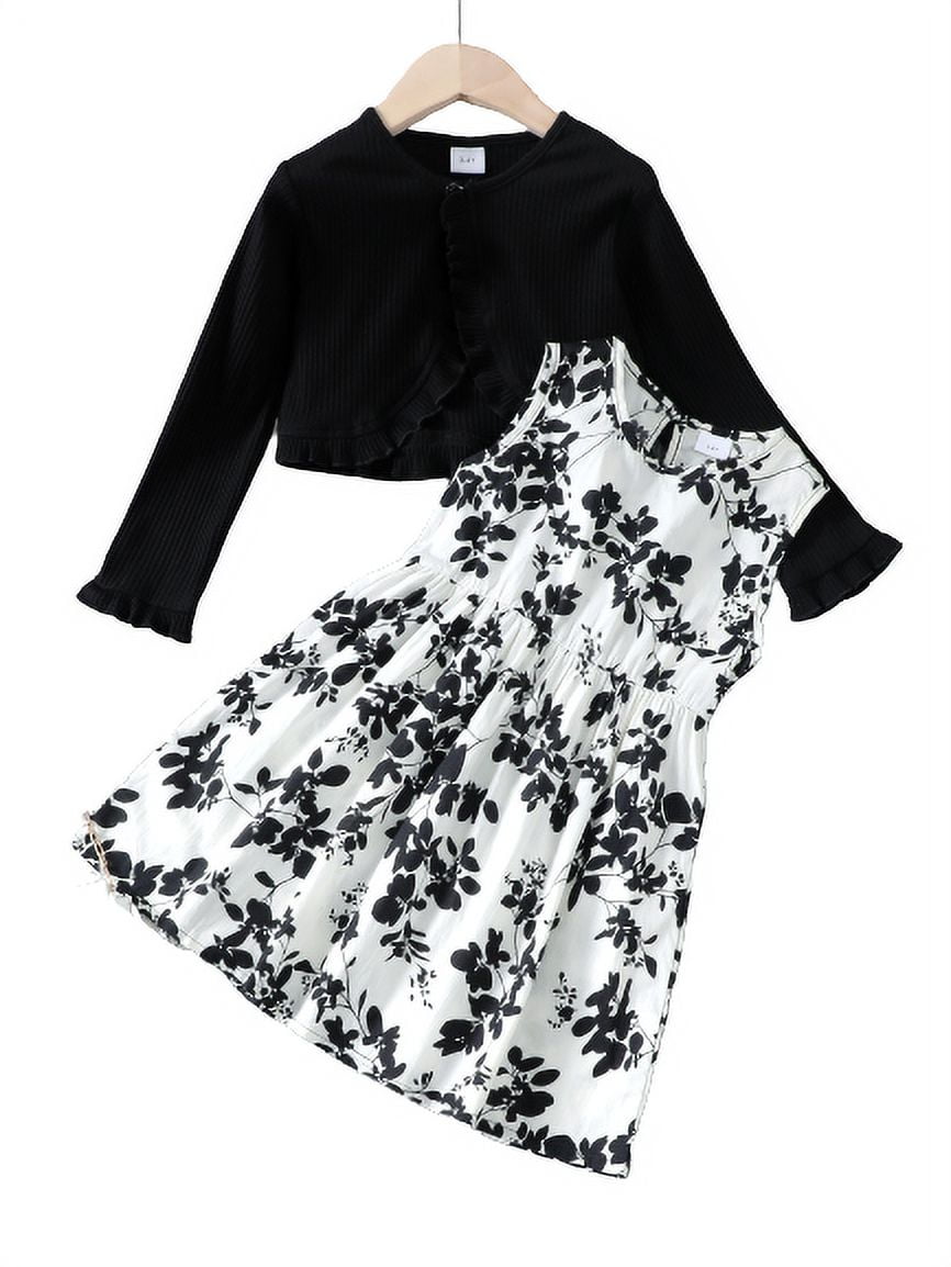 Mikrdoo Toddler Girls Outfits Floral Print 3 Years Baby Girls Sleeveless Dress Knitted Cardigan Coat 2Pcs Nice Apparel Clothes Set Black 3-4 Years